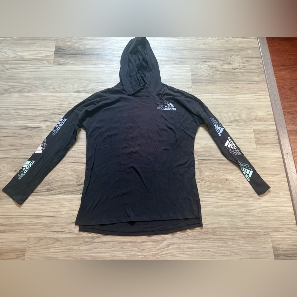 Adidas Black Long Sleeve Hooded Tee with Logo Accents Girls Size XL